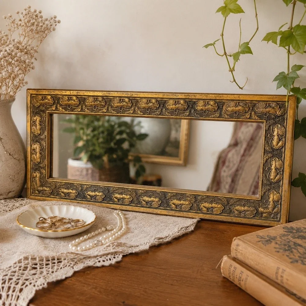 Vintage Gold Gilt Floral Wall Mirror Hollywood Regency Grapevine 17 x 8.5